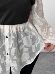 Elenzga Plus Size Women's Chiffon Cutout Classic Black & White Contrast Color 2 In 1 French Retro Puff Sleeve Blouse Fall - Multicolor - View 6