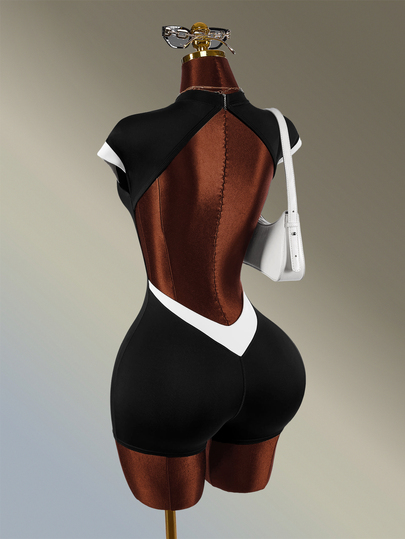 Amplova Mono deportivo de mujer con bloques de color, mangas cortas y espalda abierta, sexy y elegante para fitness, entrenamientos, correr, gimnasio, uso diario y salidas, transpirable
