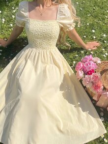 SHEIN MOD Cream Petal Sleeve Lace Bodice Satin Midi Dress Picnic Garden Party Tea Party Summer Cottagecore Flowy - Apricot - View 2