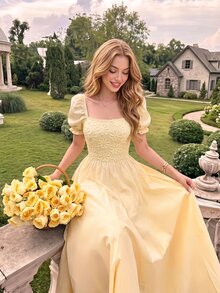 SHEIN MOD Cream Petal Sleeve Lace Bodice Satin Midi Dress Picnic Garden Party Tea Party Summer Cottagecore Flowy - Apricot - View 1