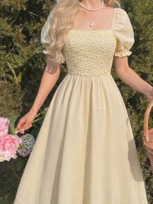 SHEIN MOD Cream Petal Sleeve Lace Bodice Satin Midi Dress Picnic Garden Party Tea Party Summer Cottagecore Flowy - Apricot - View 6