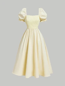 SHEIN MOD Cream Petal Sleeve Lace Bodice Satin Midi Dress Picnic Garden Party Tea Party Summer Cottagecore Flowy - Apricot - View 4