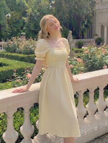 SHEIN MOD Cream Petal Sleeve Lace Bodice Satin Midi Dress Picnic Garden Party Tea Party Summer Cottagecore Flowy - Apricot - View 3