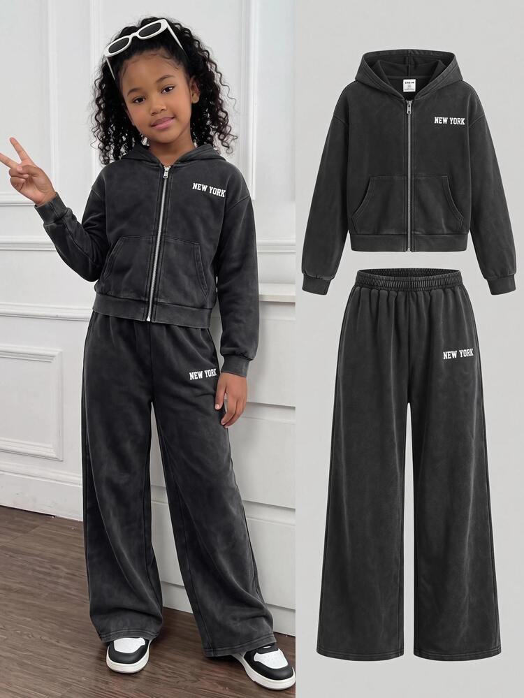 SHEIN Tween Girls Tween Girl Autumn/Winter Long Sleeve Long Pants Snowflake Black Hooded Jacket Set Letter Print 2 Pieces Casual Daily Streetwear - Black - View 5