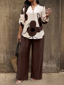 Nubod Plus Size Women Floral Print Top And Solid Color Pants Casual Matching Set, Autumn/Winter Fall - Multicolor - View 4