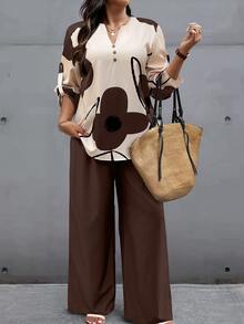 Nubod Plus Size Women Floral Print Top And Solid Color Pants Casual Matching Set, Autumn/Winter Fall - Multicolor - View 3