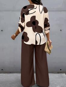 Nubod Plus Size Women Floral Print Top And Solid Color Pants Casual Matching Set, Autumn/Winter Fall - Multicolor - View 2