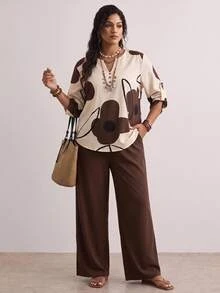 Nubod Plus Size Women Floral Print Top And Solid Color Pants Casual Matching Set, Autumn/Winter Fall - Multicolor - View 1
