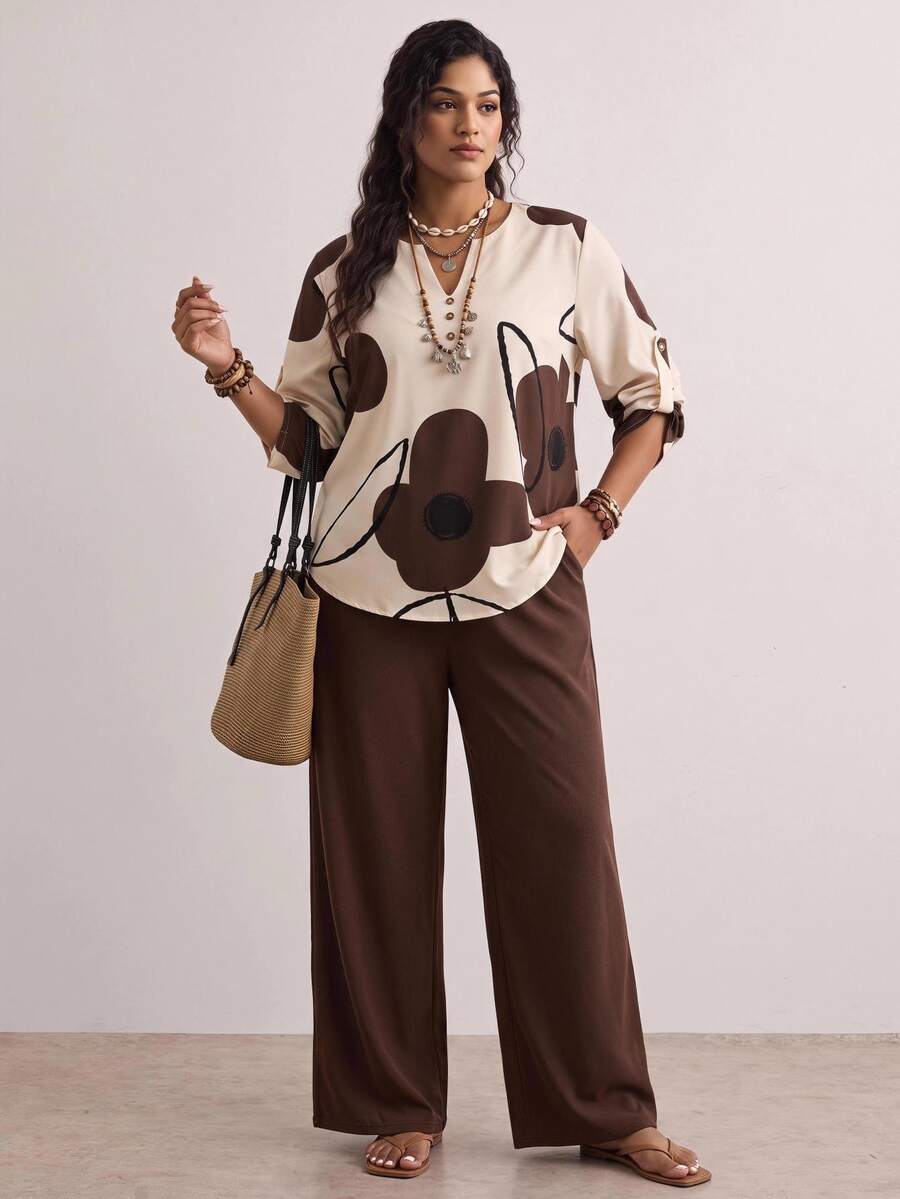 Nubod Plus Size Women Floral Print Top And Solid Color Pants Casual Matching Set, Autumn/Winter Fall - Multicolor - View 1