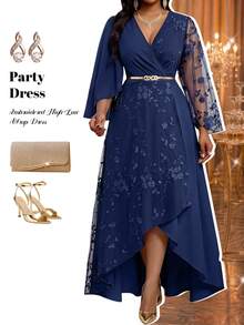 Fleurora Plus Size Women's Patchwork Floral Embroidery Mesh Flared Sleeve High-Low Hem Elegant Dress Fall - Navy Blue - View 4