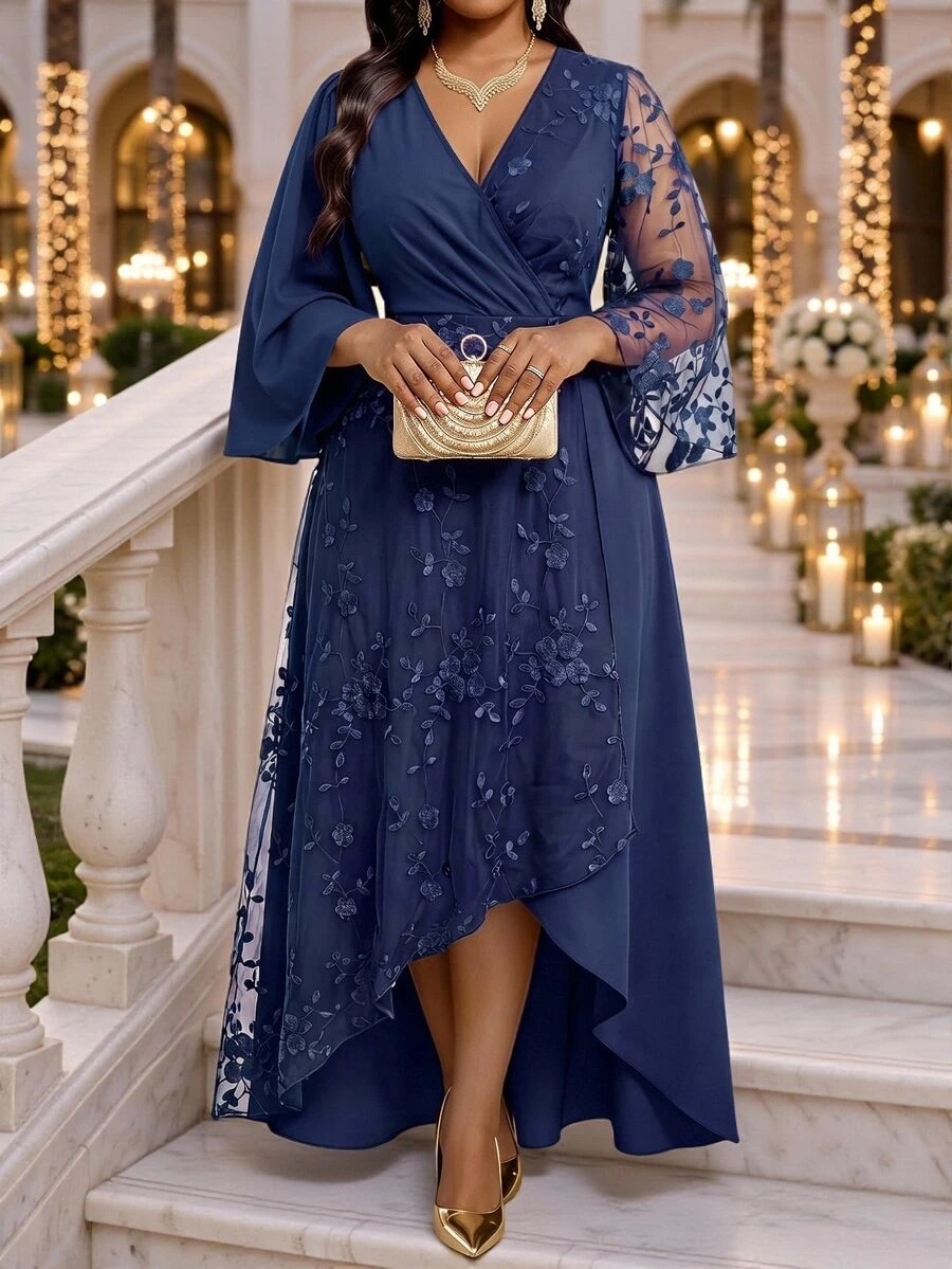 Fleurora Plus Size Women's Patchwork Floral Embroidery Mesh Flared Sleeve High-Low Hem Elegant Dress Fall - Navy Blue - View 1