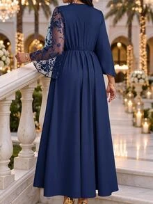 Fleurora Plus Size Women's Patchwork Floral Embroidery Mesh Flared Sleeve High-Low Hem Elegant Dress Fall - Navy Blue - View 2