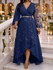 Fleurora Plus Size Women's Patchwork Floral Embroidery Mesh Flared Sleeve High-Low Hem Elegant Dress Fall - Navy Blue - View 5