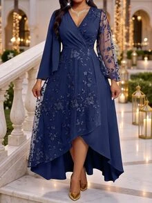 Fleurora Plus Size Women's Patchwork Floral Embroidery Mesh Flared Sleeve High-Low Hem Elegant Dress Fall - Navy Blue - View 3