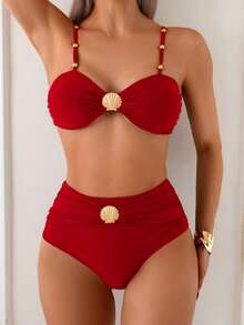 SHEIN Swim Conjunto de bikini de control de abdomen de cintura alta con tirantes de conchas metálicas y cuentas, elegante para vacaciones de primavera/verano 2025 para mujeres - Rojo - Ver 3