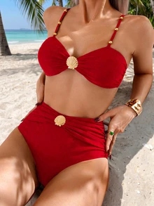 SHEIN Swim Conjunto de bikini de control de abdomen de cintura alta con tirantes de conchas metálicas y cuentas, elegante para vacaciones de primavera/verano 2025 para mujeres - Rojo - Ver 1