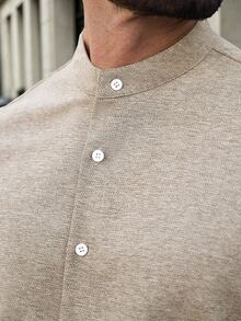 Manfinity Bizformal EN:2026 Spring Summer Men Henley Stand Collar Long Sleeve Button Shirt, Minimalist Japanese Style & - Khaki - View 3
