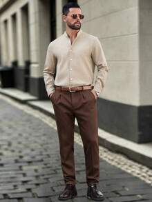 Manfinity Bizformal EN:2026 Spring Summer Men Henley Stand Collar Long Sleeve Button Shirt, Minimalist Japanese Style & - Khaki - View 4