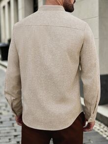 Manfinity Bizformal EN:2026 Spring Summer Men Henley Stand Collar Long Sleeve Button Shirt, Minimalist Japanese Style & - Khaki - View 2