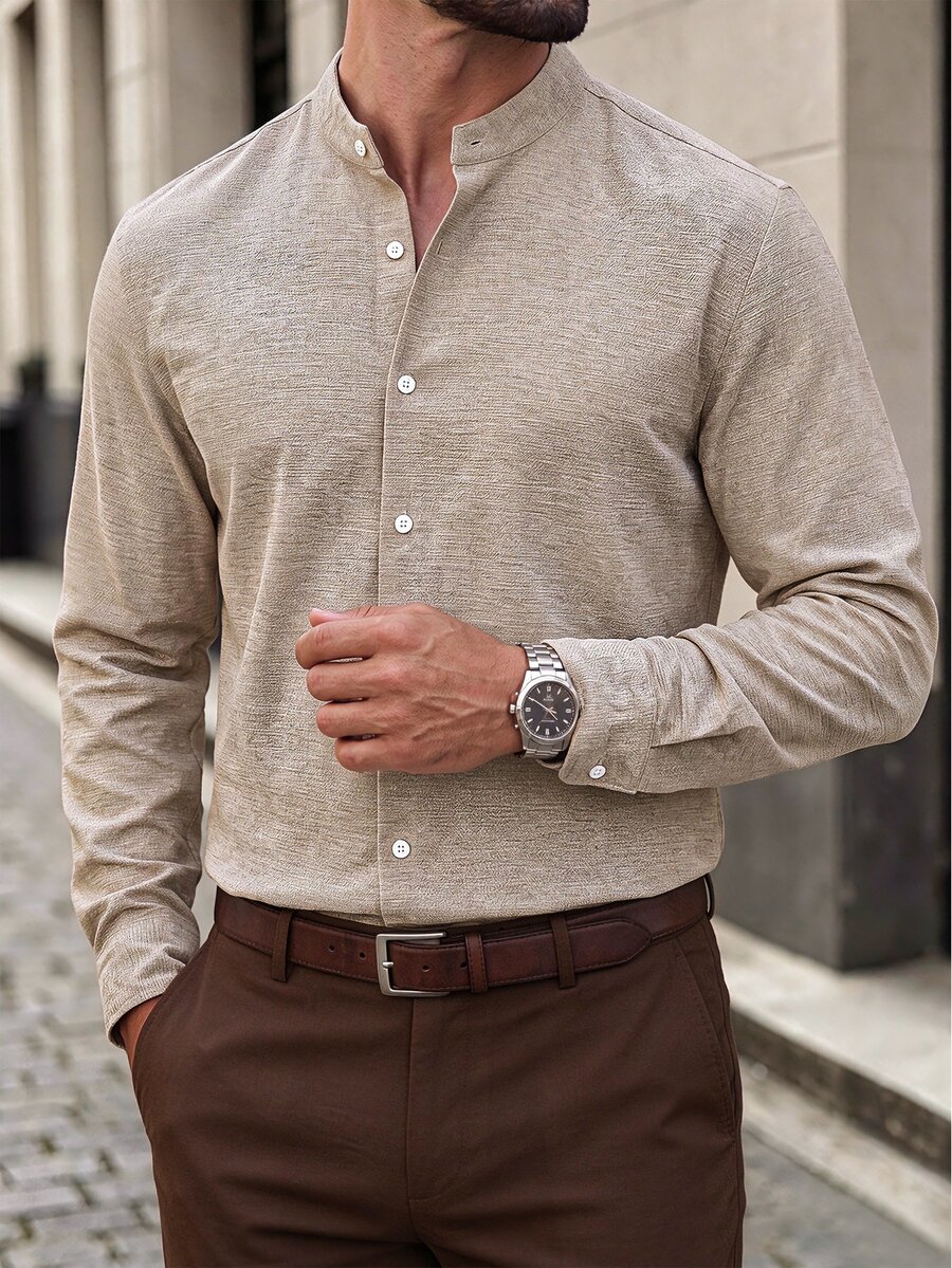 Manfinity Bizformal EN:2026 Spring Summer Men Henley Stand Collar Long Sleeve Button Shirt, Minimalist Japanese Style & - Khaki - View 1