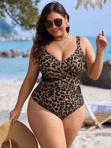 Swim Lushoire 2026 New Plus Size Women's Leopard Print Cross Dual-Color Mesh Patchwork Slim Fit One-Piece Swimsuit For Summer Beach Vacation Party Beige Sexy - Multicolor - View 1