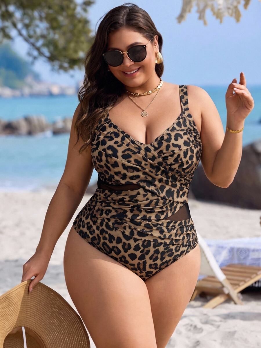 Swim Lushoire 2026 New Plus Size Women's Leopard Print Cross Dual-Color Mesh Patchwork Slim Fit One-Piece Swimsuit For Summer Beach Vacation Party Beige Sexy - Multicolor - View 1