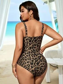 Swim Lushoire 2026 New Plus Size Women's Leopard Print Cross Dual-Color Mesh Patchwork Slim Fit One-Piece Swimsuit For Summer Beach Vacation Party Beige Sexy - Multicolor - View 2
