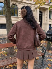 Muchica 女款時尚復古街頭風口袋拉鍊長袖夾克，適合日常穿著的秋季外套，Y2K鄉村風做舊PU棕色日常外出款 - 巧克力棕 - 查看 3