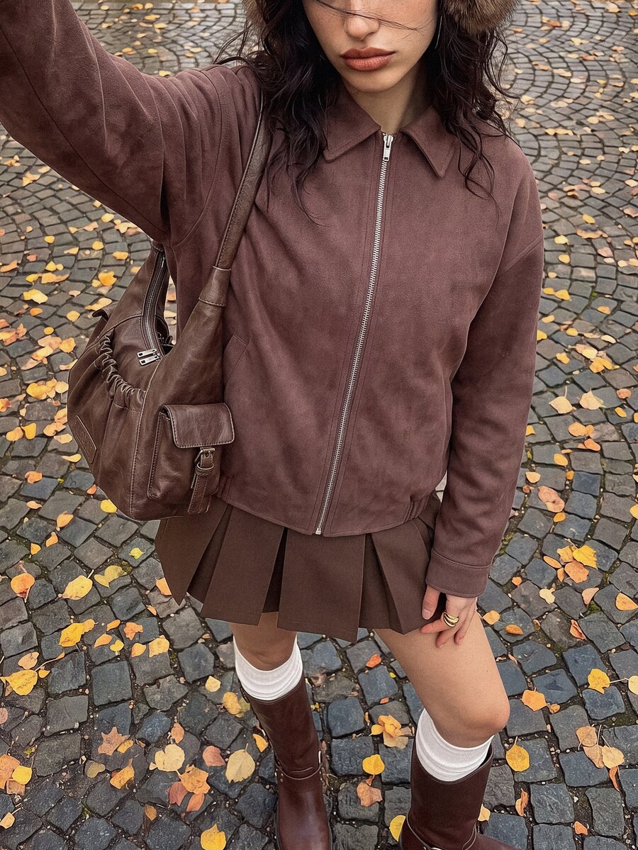 Muchica 女款時尚復古街頭風口袋拉鍊長袖夾克，適合日常穿著的秋季外套，Y2K鄉村風做舊PU棕色日常外出款