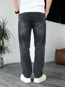 HIMLAND Men's Solid Color Casual Straight Leg Jeans - Grey - View 2