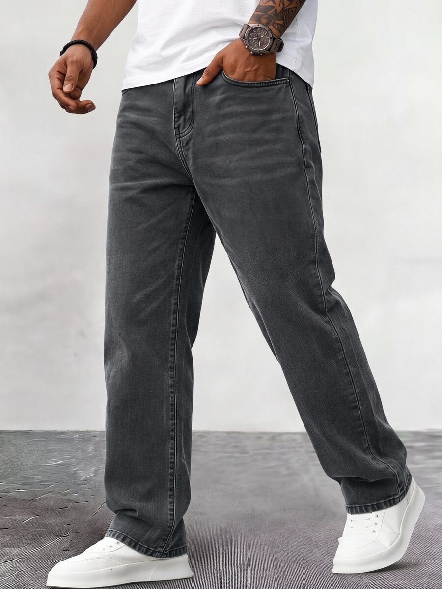 HIMLAND Men's Solid Color Casual Straight Leg Jeans - Grey - View 1