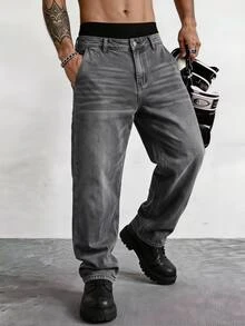 HIMLAND Men's Solid Color Casual Straight Leg Jeans - Grey - View 1
