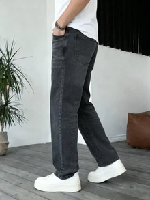 HIMLAND Men's Solid Color Casual Straight Leg Jeans - Grey - View 3