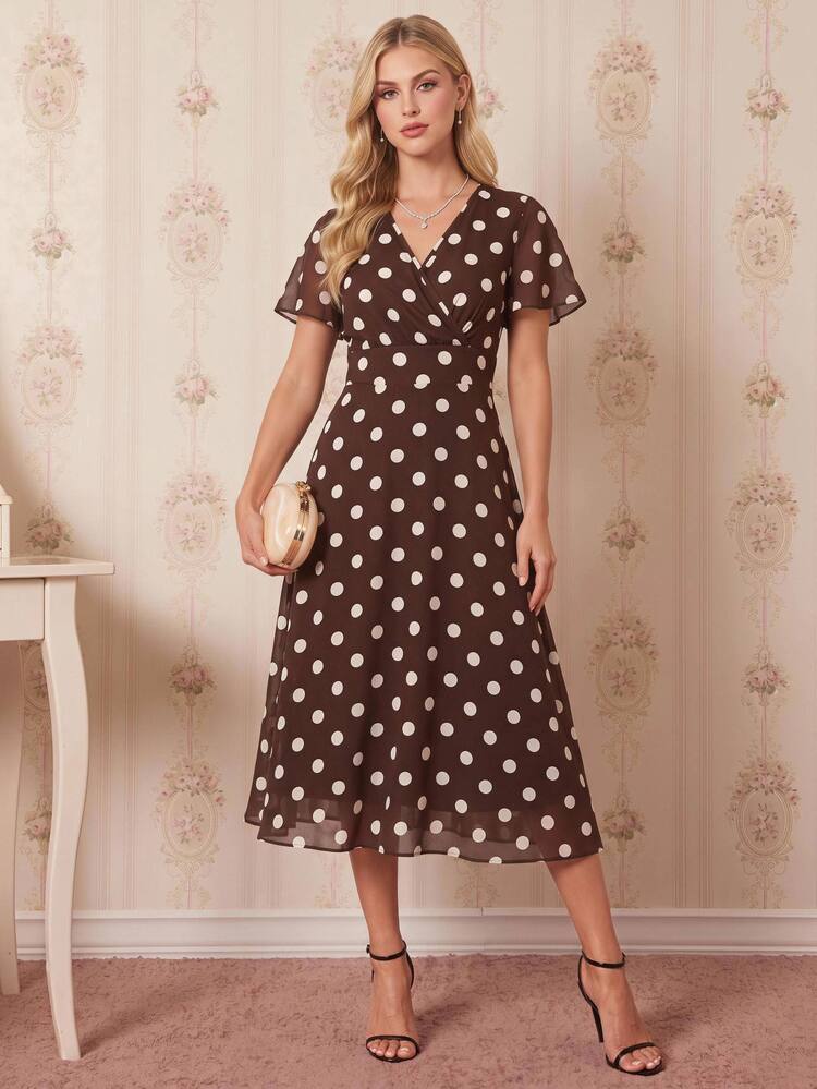 Amorya Women's French Polka Dot Print Criss-Cross Pleated Dress Party Birthday Brunch High Tea Date Brown And White Polka Dot Summer Vintage 1950s Elegant - Coffee Brown - View 9