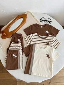 2pcs Young Boys T-Shirt & Shorts Set Casual Khaki White Striped Equestrian Print Short Sleeve Crew Neck Fall Back To School Sets - Multicolor - View 1