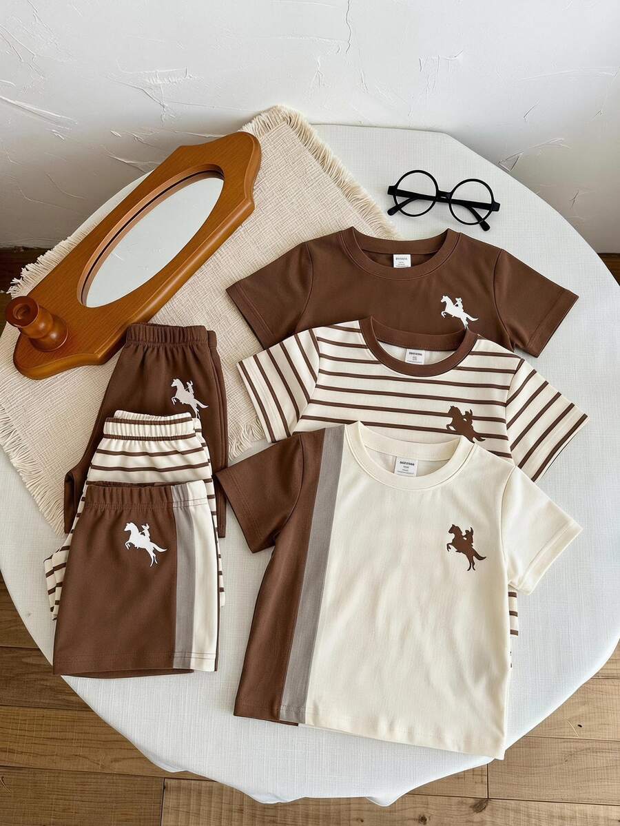 2pcs Young Boys T-Shirt & Shorts Set Casual Khaki White Striped Equestrian Print Short Sleeve Crew Neck Fall Back To School Sets - Multicolor - View 1