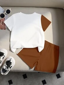 2pcs Young Boys T-Shirt & Shorts Set Casual Khaki White Striped Equestrian Print Short Sleeve Crew Neck Fall Back To School Sets - Multicolor - View 4