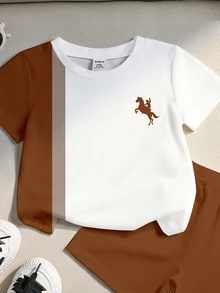 2pcs Young Boys T-Shirt & Shorts Set Casual Khaki White Striped Equestrian Print Short Sleeve Crew Neck Fall Back To School Sets - Multicolor - View 3