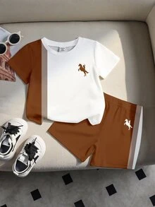 2pcs Young Boys T-Shirt & Shorts Set Casual Khaki White Striped Equestrian Print Short Sleeve Crew Neck Fall Back To School Sets - Multicolor - View 2