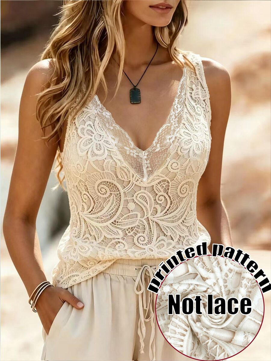 SHEIN LUNE CURVE Plus Size Lace Trim Patchwork Printed Fitted Sleeveless Tank Top, Simple Style, Suitable For All Seasons, Beach, Date, Home, Office, Workplace - White - View 1