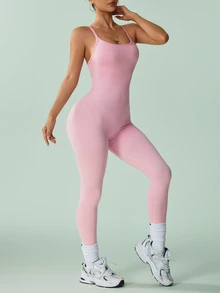 Easithlete Women's Seamless Backless Waist-Cinched Camisole Sports Jumpsuit - Baby Pink - View 5