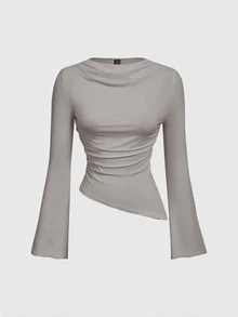 SHEIN MOD Crew Neck Ruched Flare Sleeve Cinched Waist Asymmetric Hem Burgundy Versatile T-Shirt, Fall - Light Grey - View 3