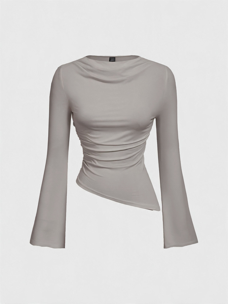 SHEIN MOD Crew Neck Ruched Flare Sleeve Cinched Waist Asymmetric Hem Burgundy Versatile T-Shirt, Fall - Light Grey - View 3