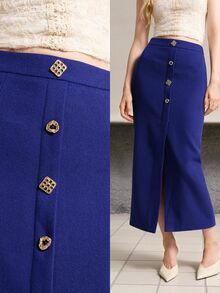 MOTF PREMIUM ELEGANT ROYAL BLUE METAL BUCKLE DECOR AUTUMN/WINTER WOOL BLEND FRONT SLIT SKIRT - Royal Blue - View 8