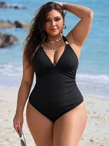 Swim Lushoire 大尺碼女款 2 件式豹紋數位印花深 V 領掛脖性感優雅海灘度假泳池背心比基尼套裝 黑色夏季 - 黑色 - 查看 1