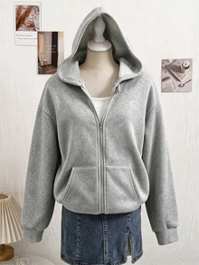 SHEIN Sparklyn 女款抓絨內裡拉鍊運動衫 蜘蛛網印花 寬鬆落肩 酷感大廓形 休閒基礎街頭風 校園風 秋季 灰色 白色 深藍色 - 灰色 - 查看 7