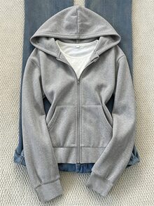 SHEIN Sparklyn 女款抓絨內裡拉鍊運動衫 蜘蛛網印花 寬鬆落肩 酷感大廓形 休閒基礎街頭風 校園風 秋季 灰色 白色 深藍色 - 灰色 - 查看 2
