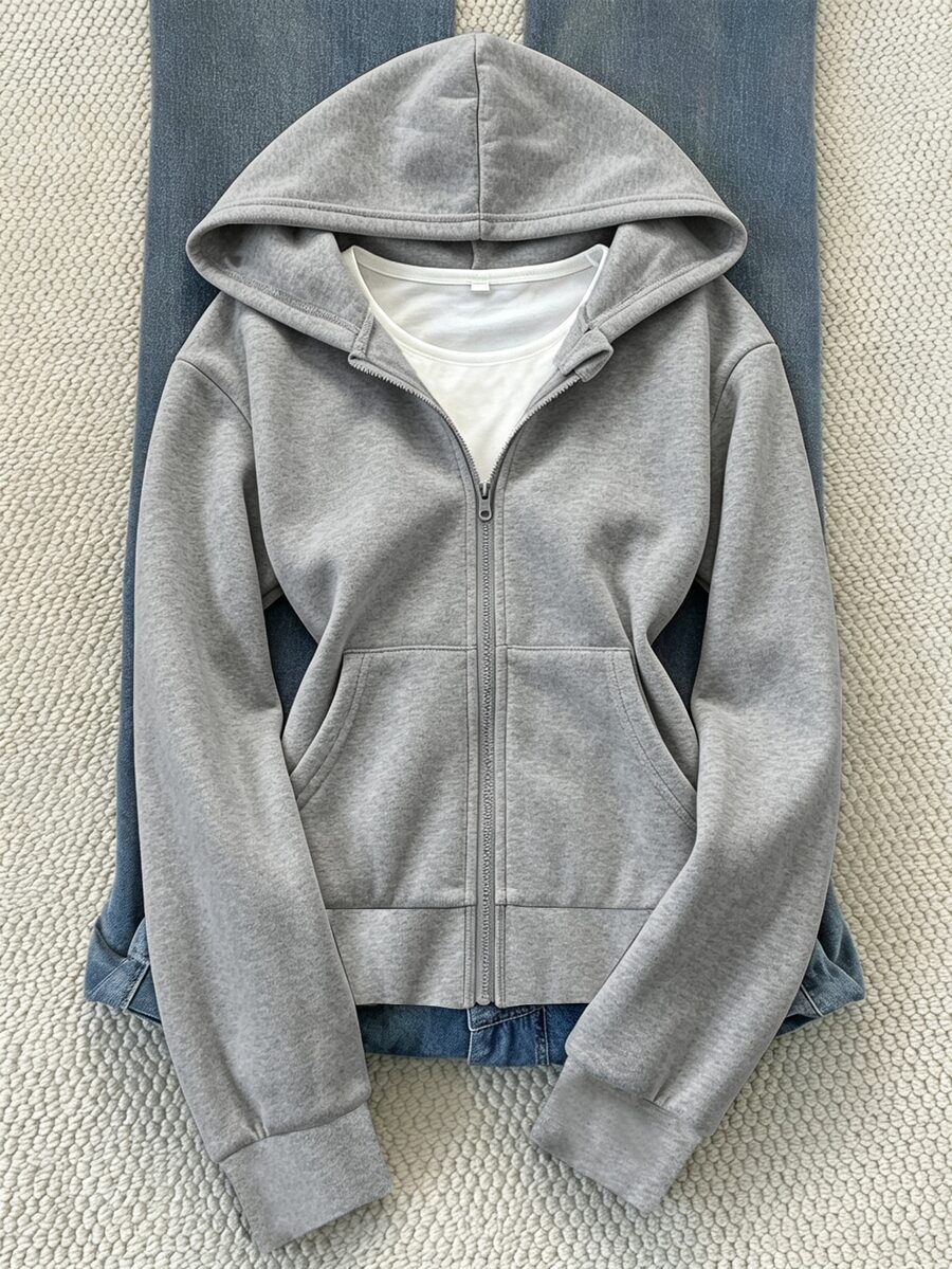 SHEIN Sparklyn Girls' Fleece-Lined Zip-Up Sweatshirt Spiderweb Print Loose-Fit Drop-Shoulder Edgy Baggy Casual Basic Street-Style School Grey White Dark Blue Fall - Grey - View 1