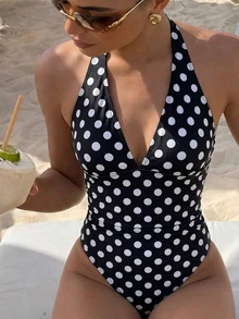 Sunnyshic Summer Women's Retro Chic Black White Polka Dot Halter Deep V Shirred Tummy Control One Piece Swimsuit Beach Vacation Pool Party - Black and White - View 4
