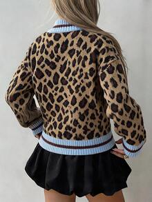 DAZY Women's Brown Leopard Print Patchwork Contrast Color Single-Breasted Long Sleeve Elegant Street Casual Versatile Knit Cardigan - Brown - View 2